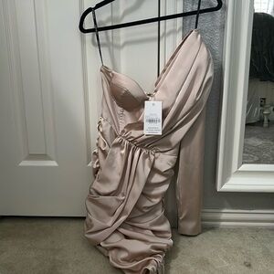 Brand new Lavish Alice Asymmetrical Draped Mini Dress in Champagne